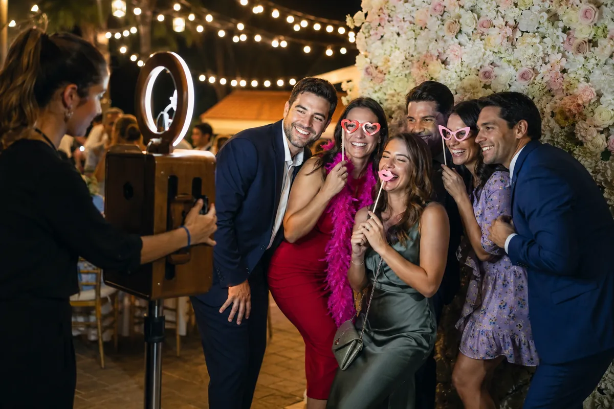 Guests laugh with props at an open-air photo booth with a flower wall at an evening reception